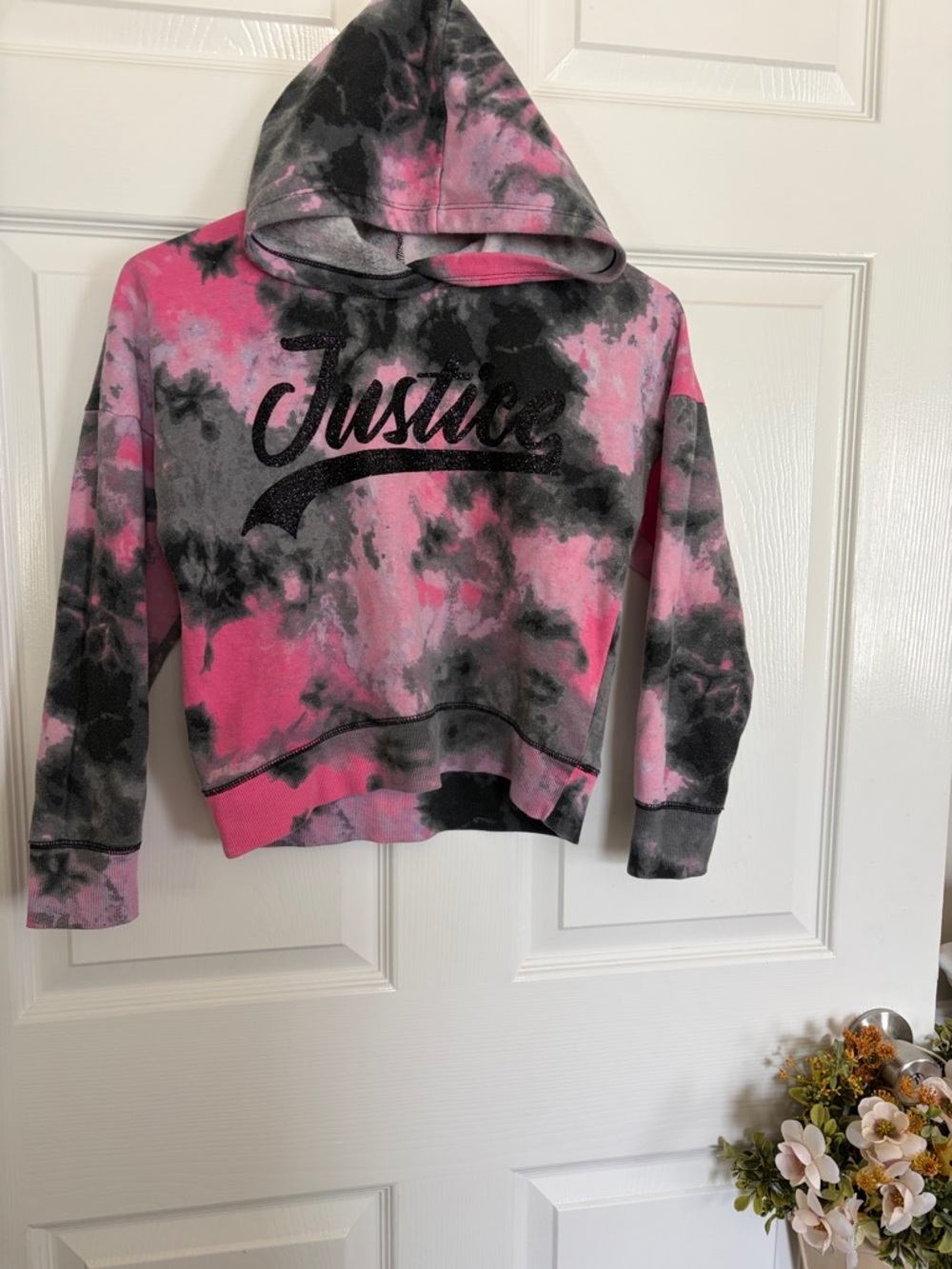 Justice Pink and Gray Tie-Dye Cropped Hoodie